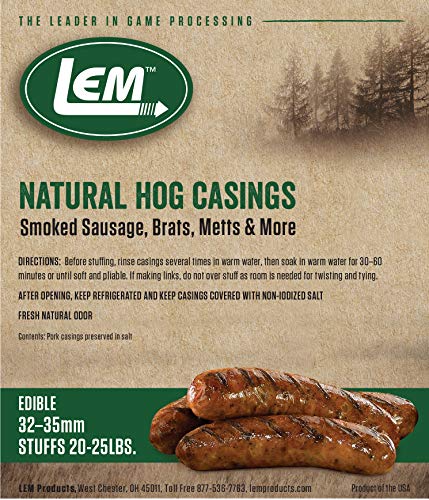 Book Cover LEM Products Natural Hog Casings, 32-35mm, Edible Sausage Casings, Stuffs Approximately 30 Pounds, Great for Sausage Links, Franks, Metts, and More, 6.1 Ounce Package