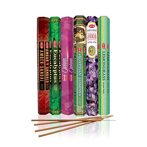 HEM assorted best sellers incense sticks pack of 6 - 120 Sticks, Fragrance - Lemongrass, Lavender, Egyptian Jasmine, Ambar Sandalo, Eucalyptus