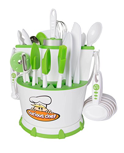 Book Cover Curious Chef Kids Cookware, 30-Piece Caddy Collection, Real Utensils, Dishwasher Safe, BPA-Free, Includes Rolling Pin, Spoons, Whisk, Knives, Measuring cups, Vegetable Peeler & Much More, White/Green