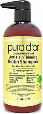 PURA D'OR Original Gold Label Anti-Thinning Shampoo Clinically Tested, Infused with Argan Oil, Biotin & Natural Ingredients, Sulfate Free, All Hair Types, Men and Women, 16 Fl Oz (Packaging may vary)