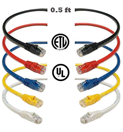 iMBAPrice Mixed Colors - 0.5 feet(6 inch) RJ45 Cat6 Snagless Short Ethernet Patch Cable Multi Color (Red, Blue, Black, White, Yellow)- 5 Pack