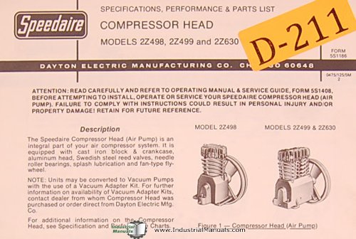 Dayton 2Z498, 2Z499 and 2Z630, Compressor Head, Specs, Performance and Part sList Manual