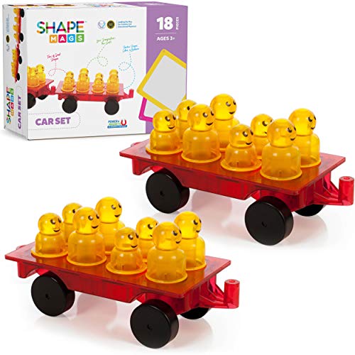 Shapemags 18 Piece Set Magnet Building Tiles Magnetic Blocks - Cars Expansions Set with 16 Figures, Award Winning STEM Educational 3D Construction Blocks Set