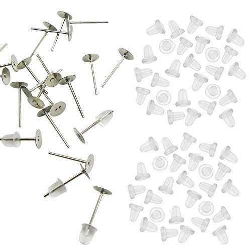 TOAOB 100 Pairs Hypo Allergenic Stainless Steel Earring Posts Flat Pad Blanks Pin Studs and Clear Rubber Earring Backs Jewelry Making Findings