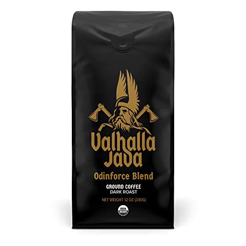 Death Wish Coffee Valhalla Java Dark Roast Grounds, 12 Oz, Extra Kick of Caffeine, Bold & Intense Blend of Arabica Robusta Beans, USDA Organic Ground Coffee, Powerful Coffee for Morning Boost