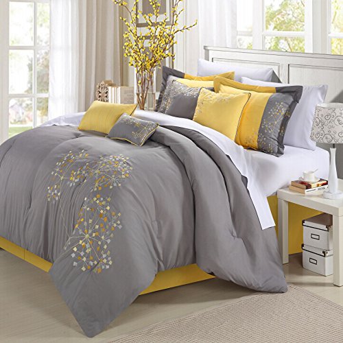 Book Cover Chic Home Floral 12-Piece Embroidered Comforter Set Complete Embroidery Pattern Bed in a Bag with Sheet Set Bed Skirt and Decorative Pillows Shams, King Yellow Grey