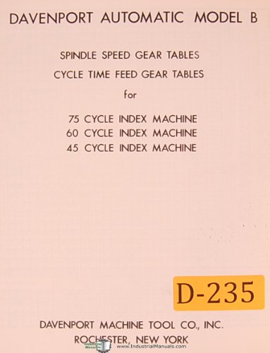 Davenport Model B, Screw Machine, Spindle Speed Gear Tables and Cycle Time Tables Manual