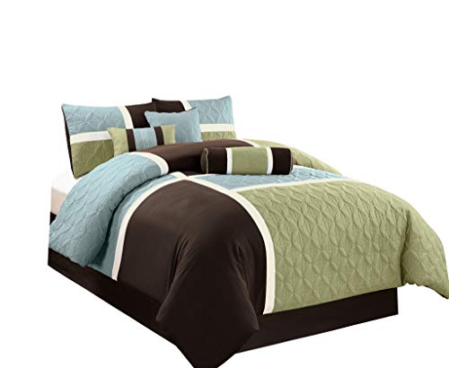 Chezmoi Collection 7-Piece Coffee Quilted Patchwork Comforter Set, King, Aqua Blue/Sage Green