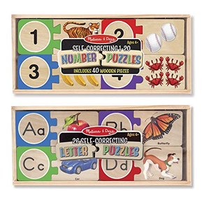 Melissa & Doug Self-Correcting Letter and Number Wooden Puzzles Set With Storage Box