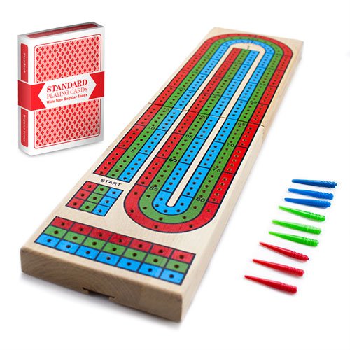 Book Cover Brybelly Cribbage Board Game Set | Traditional Wooden Board Game, Classic 3-Track Layout and Plastic Pegs | Standard Deck of Playing Cards | 15 in L, 3 1/2 in W, 1/2 in Thick, folds to 7 1/12 in