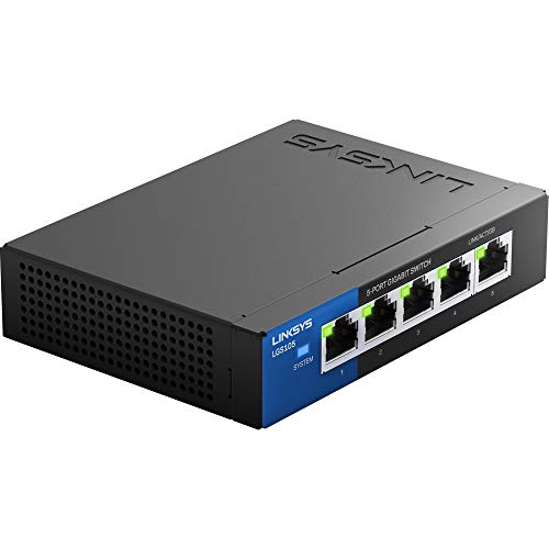 Book Cover Linksys LGS105: 5-Port Business Desktop Gigabit Ethernet Unmanaged Switch, Computer Network, Wired Connection Speed up to 1,000 Mbps (Black, Blue)