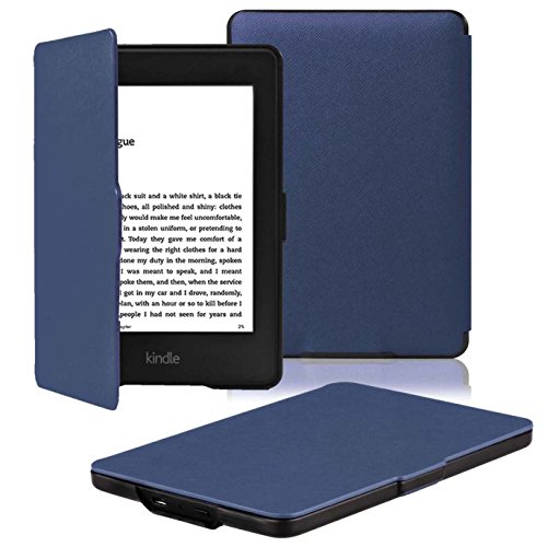Book Cover OMOTON Kindle Paperwhite Case Cover - The Thinnest Lightest PU Leather Smart Cover Kindle Paperwhite fits All Paperwhite Generations Prior to 2018 (Will not fit All New Paperwhite 10th Gen),Navy Blue