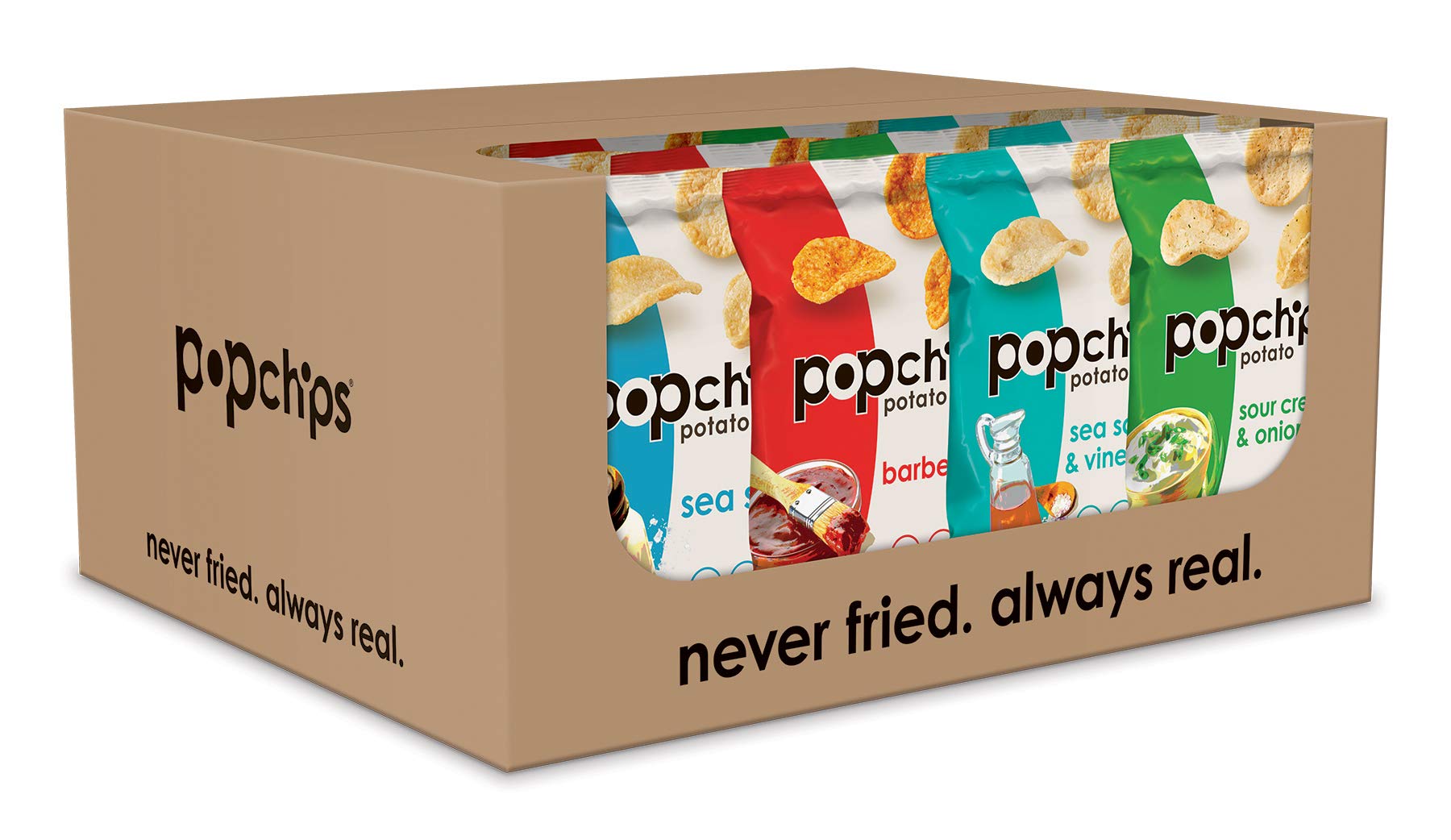 Book Cover Popchips Potato Chips Variety Pack, Single Serve 0.8 Ounce Bags (Pack of 24), 4 Flavors: 8 Sea Salt, 8 BBQ, 4 Sour Cream & Onion, 4 Salt & Vinegar 4 Flavor Variety Pack 0.8 Ounce (Pack of 24)
