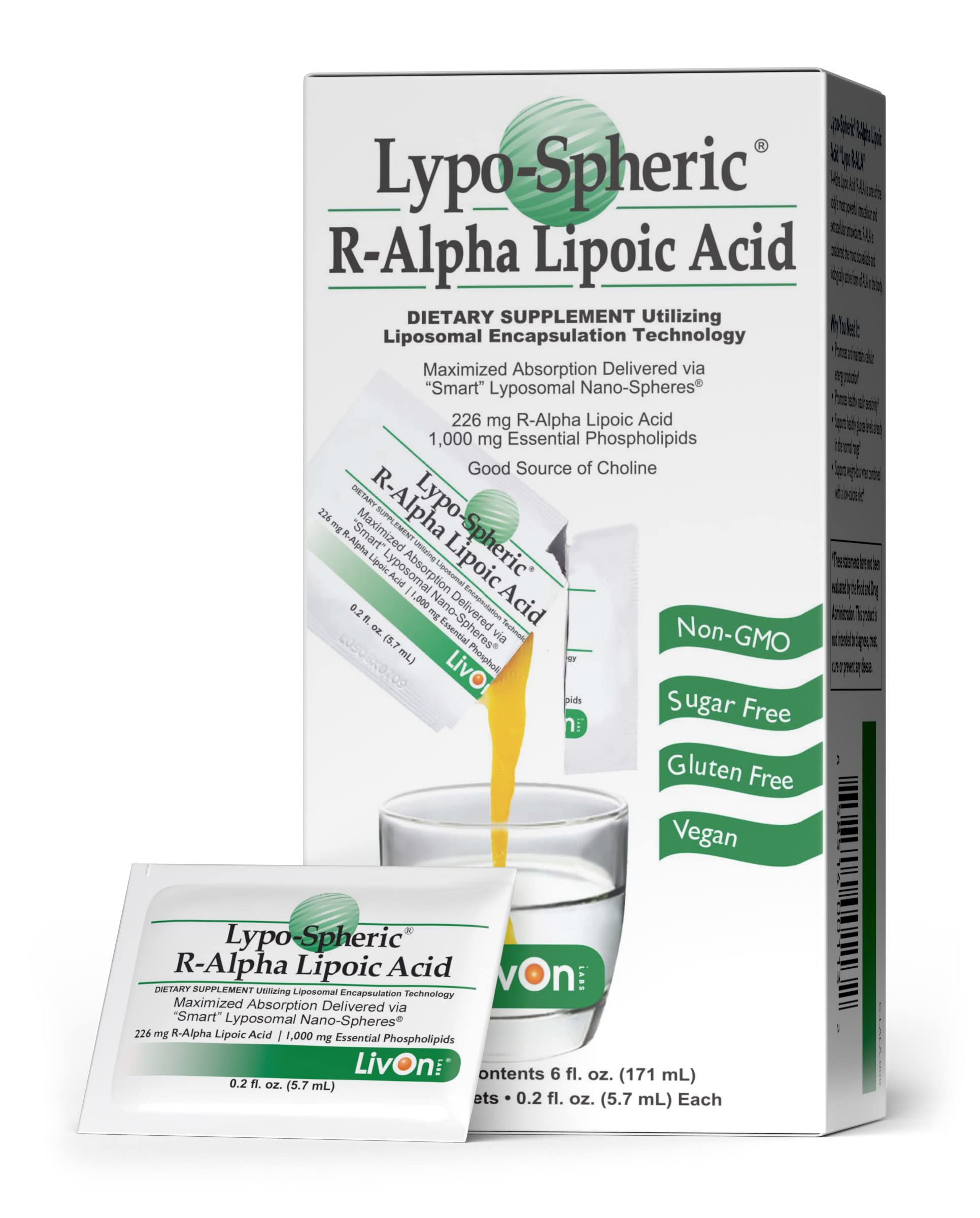 Lypo-Spheric R-Alpha Lipoic Acid - 30 Packets – 226 mg R-ALA Per Packet - Liposome Encapsulated for Maximum Bioavailability - 100% Non-GMO