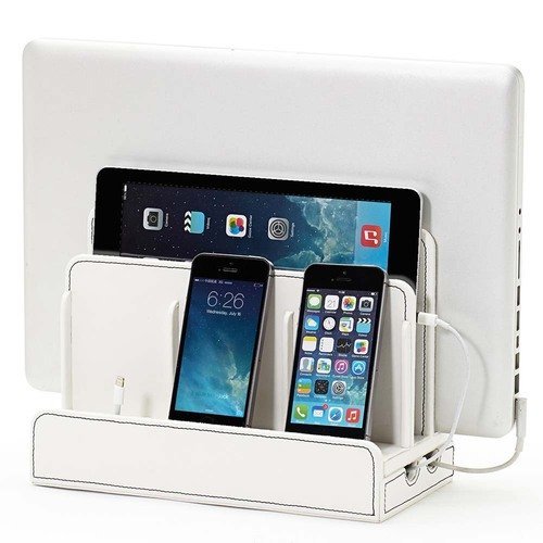 Book Cover G.U.S. Multi-Device Charging Station Dock & Organizer - Multiple Finishes Available. For Laptops, Tablets, and Phones - Strong Build, White Leatherette