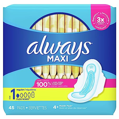 Always Feminine Pads with Wings, Regular Absorbency, Unscented, 45 Count