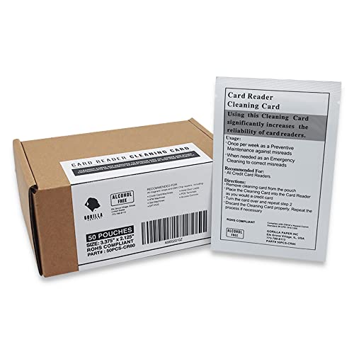 GORILLA SUPPLY Credit Card Cleaning Cards, Dual Side Card Reader Cleaner, POS Terminal Magnetic Head Pre-Saturated Swipe Alcohol-Free CR80 (50 Cards)