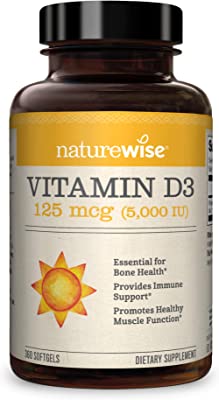 Book Cover NatureWise Vitamin D3 5000iu (125 mcg) 1 Year Supply for Healthy Muscle Function, and Immune Support, Non-GMO, Gluten Free in Cold-Pressed Olive Oil, Packaging Vary ( Mini Softgel), 360 Count 5000IU 360 Count (Pack of 1)