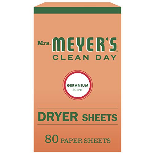Book Cover Mrs. Meyer's Clean Day Dryer Sheets, Fabric Softener, Reduces Static, Cruelty Free Formula Infused with Essential Oils, Geranium Scent, 80 Count