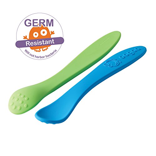 oogaa Silicone Baby Spoons 2pk, designed with added texture to stimulate senses, Gentle on gums. blue/green