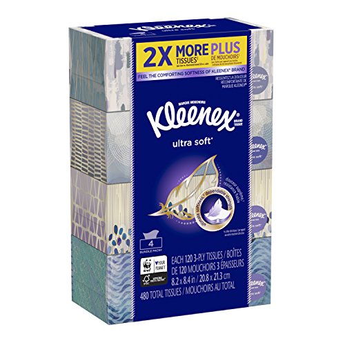 Kleenex Ultra Soft Facial Tissue Regular (Pack of 4), 3 ply, White, 480 Count (Pack of 4)