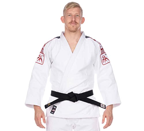 FUJI mens Double Weave Judo Gi, Thick Collar Cotton-Blend Judo Uniform, White, 5