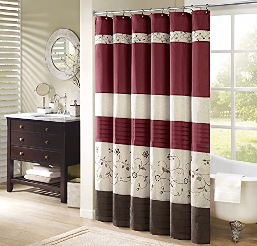 Madison Park Serene Flora Fabric Shower Curtain, mbroidered Transitional Shower Curtains for Bathroom, 72 X 72, Red