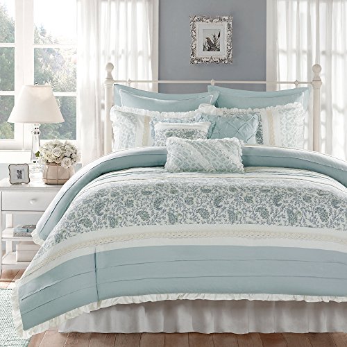 Book Cover Madison Park Dawn Duvet Cover King Size - Aqua , Floral Shabby Chic Duvet Cover Set â€“ 9 Piece â€“ 100% Cotton Percale Light Weight Bed Comforter Covers