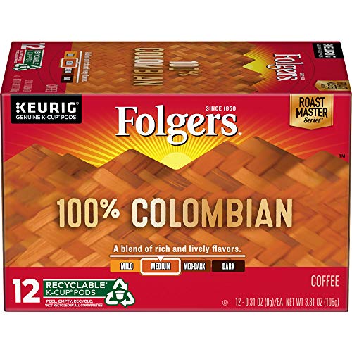 Folgers 100% Colombian Coffee, Medium Roast, K Cup Pods for Keurig K Cup Brewers, 12-Count (Pack of 6), Packaging May Vary