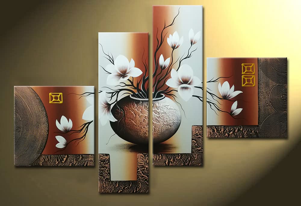 Book Cover Wieco Art -Stretched and Framed 100% Hand-painted Modern Canvas Wall Art Stretched and Framed Elegant Flowers for Home Decoration Floral Oil Paintings on Canvas 4pcs/set 12x12inchx2pcs,8x24inchx2pcs Multi