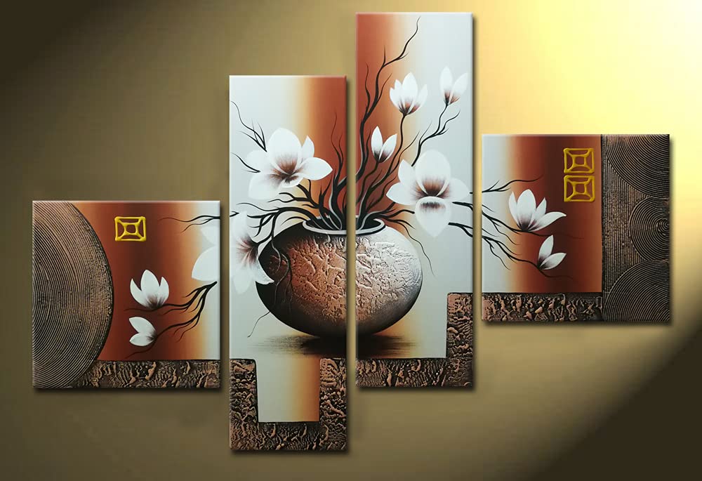 Wieco Art -Stretched and Framed 100% Hand-painted Modern Canvas Wall Art Stretched and Framed Elegant Flowers for Home Decoration Floral Oil Paintings on Canvas 4pcs/set 12x12inchx2pcs,8x24inchx2pcs Multi