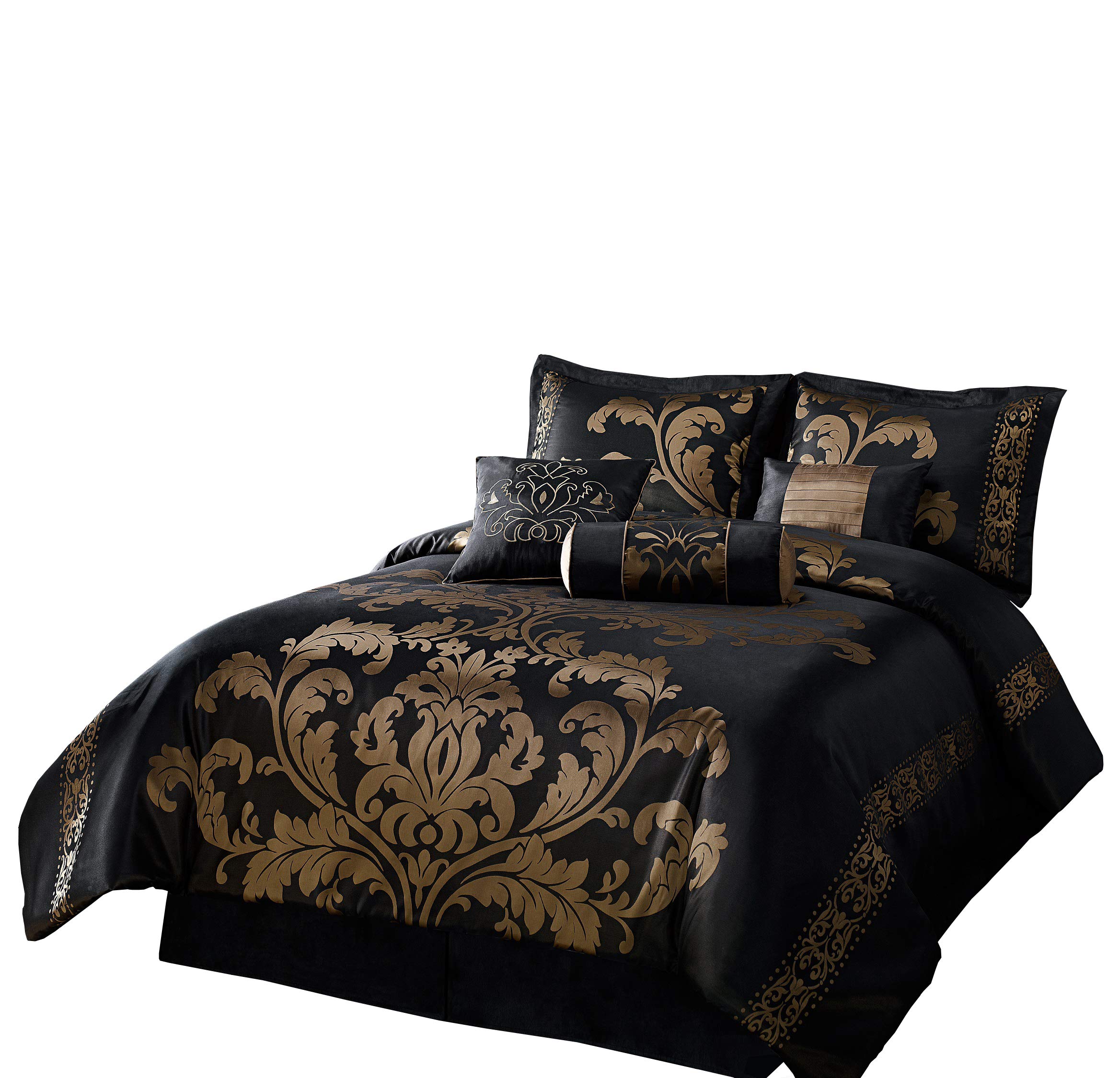 Book Cover Chezmoi Collection 7-Piece Jacquard Floral Comforter Set/Bed-in-a-Bag Set, King, Black Gold King Black/Gold