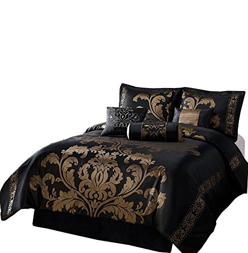 Book Cover Chezmoi Collection 7-Piece Jacquard Floral Comforter Set Bed-in-a-Bag, California King, Black/Gold