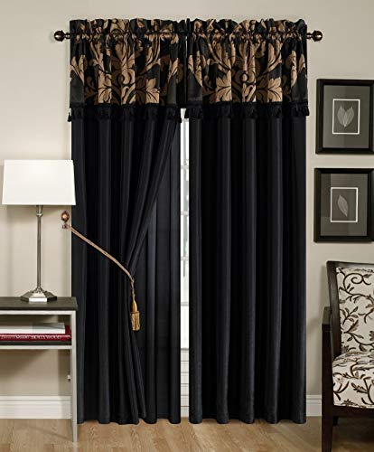 Book Cover Royale 4-Piece Jacquard Floral Window Curtain/Drape Set Sheer Backing Tassels Valance, Black/Gold
