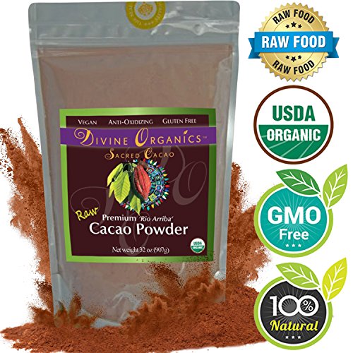 Book Cover Divine Organics Raw Cacao Powder/Raw Cocoa Powder - Certified Organic - Premium Rio Arriba - Smoothies, Hot Chocolate, Baking, Shakes, Add to Coffee - Rich in Magnesium (32oz)
