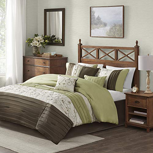 Book Cover Madison Park Serene Faux Silk Comforter Floral Embroidery Design All Season Set, Matching Bed Skirt, Decorative Pillows, Queen (90 in x 90 in), Green, 7 Piece