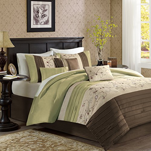 Book Cover Madison Park Serene Comforter Reversible Solid Faux Silk Floral Flower Embroidered Pleated Stripes Patchwork Soft Down Alternative Hypoallergenic All Season Bedding-Set, King, Green