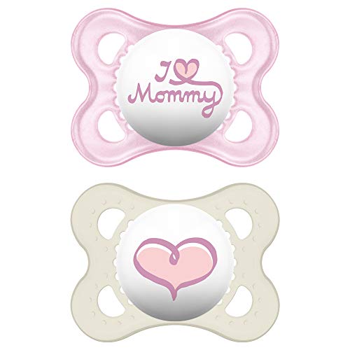 Book Cover MAM Pacifiers, Baby Pacifier 0-6 Months, Best Pacifier for Breastfed Babies, 'I Love Mommy' Design Collection, Girl, 2-Count