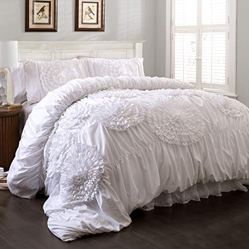 Lush Decor Serena Comforter Ruched Flower 3 Piece Set, Full Queen, White