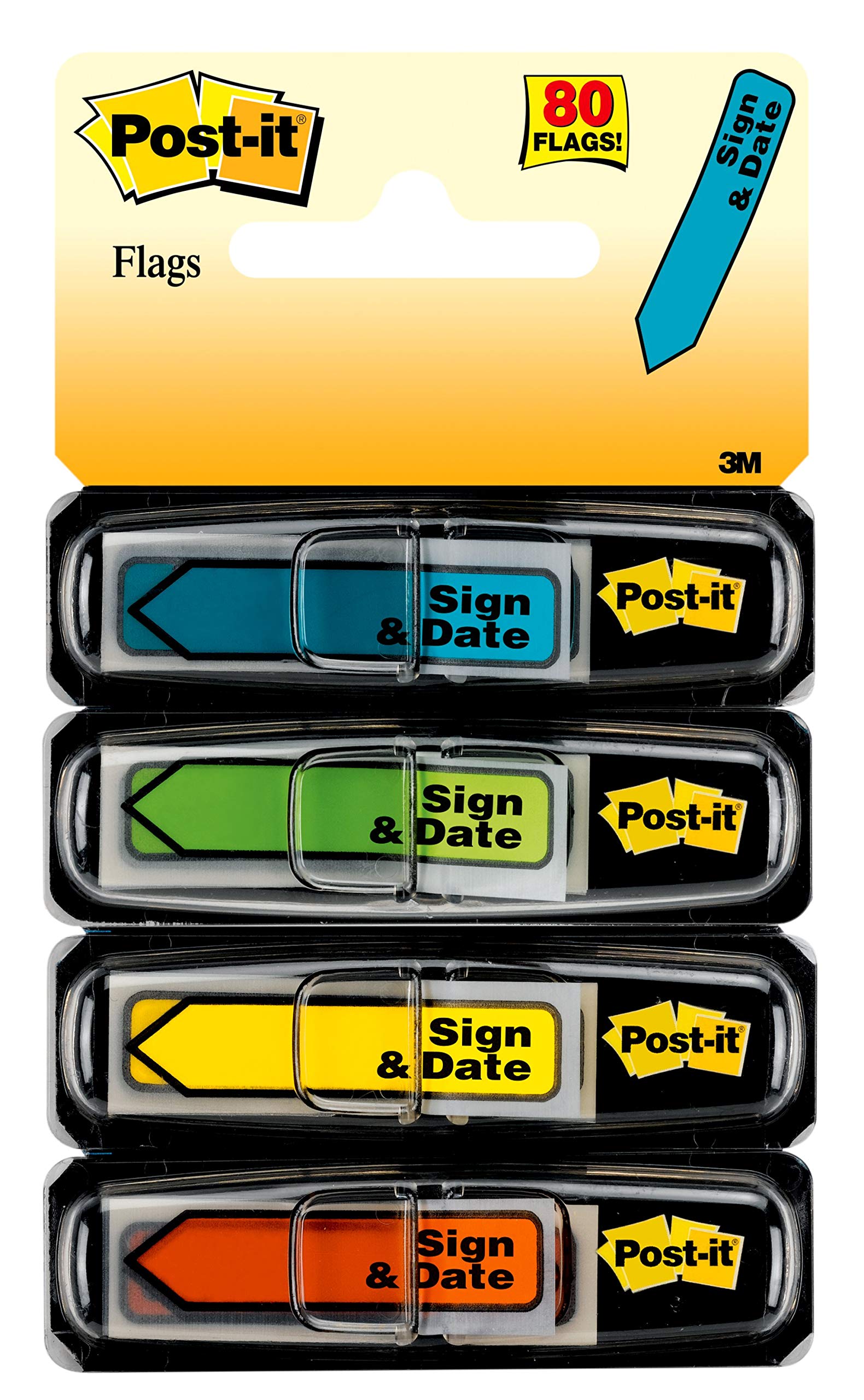 Post-it Message Flags, Sign and Date, 30/Dispenser, 4 Dispensers/Pack, 47 in Wide, Assorted Colors (684-SD)