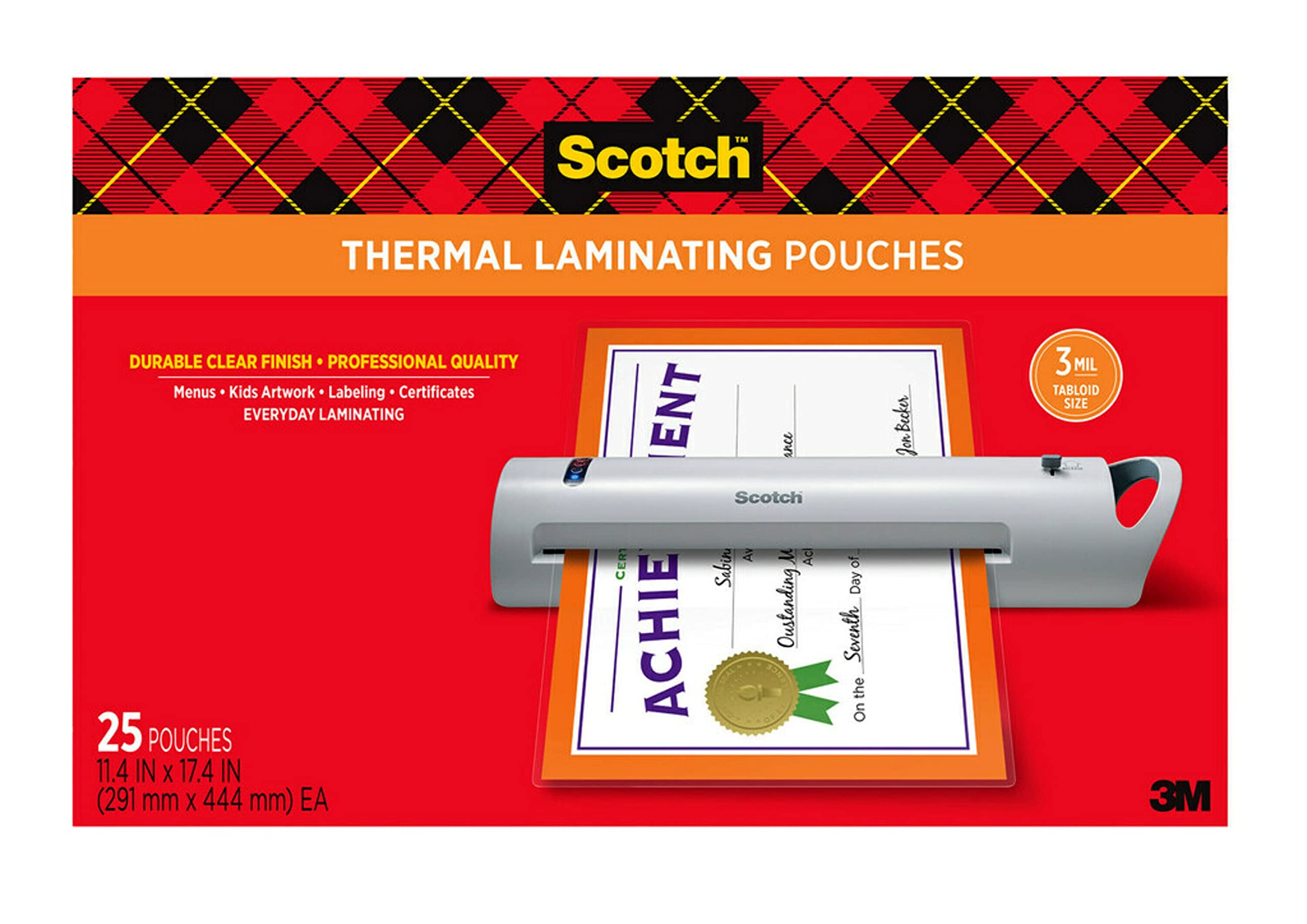 Book Cover Scotch Thermal Laminating Pouches, 25 Pack Laminating Sheets, 3 Mil, 11 x 17 Inches, Education Supplies & Craft Supplies, For Use With Thermal Laminators, Legal Size Sheets (TP3856-25)