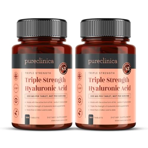 pureclinica Hyaluronic Acid 300mg x 360 Tablets (2 Bottles of 180-12 Months Supply). Triple Strength Hyaluronic Acid. 300% Stronger Than Any Other HLA Tablet.