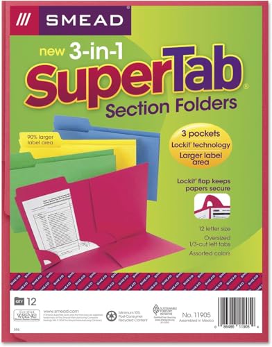 Smead 3-in-1 SuperTab Section Folder, 1/3-Cut Oversized Tab, Letter Size, Assorted Colors, 12 per Pack (11905)