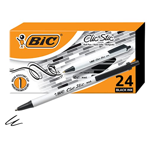 BIC Clic Stic Retractable Ball Pen, Medium Point (1.0mm) Black, 24-Count, Comfortable Round Barrel Design