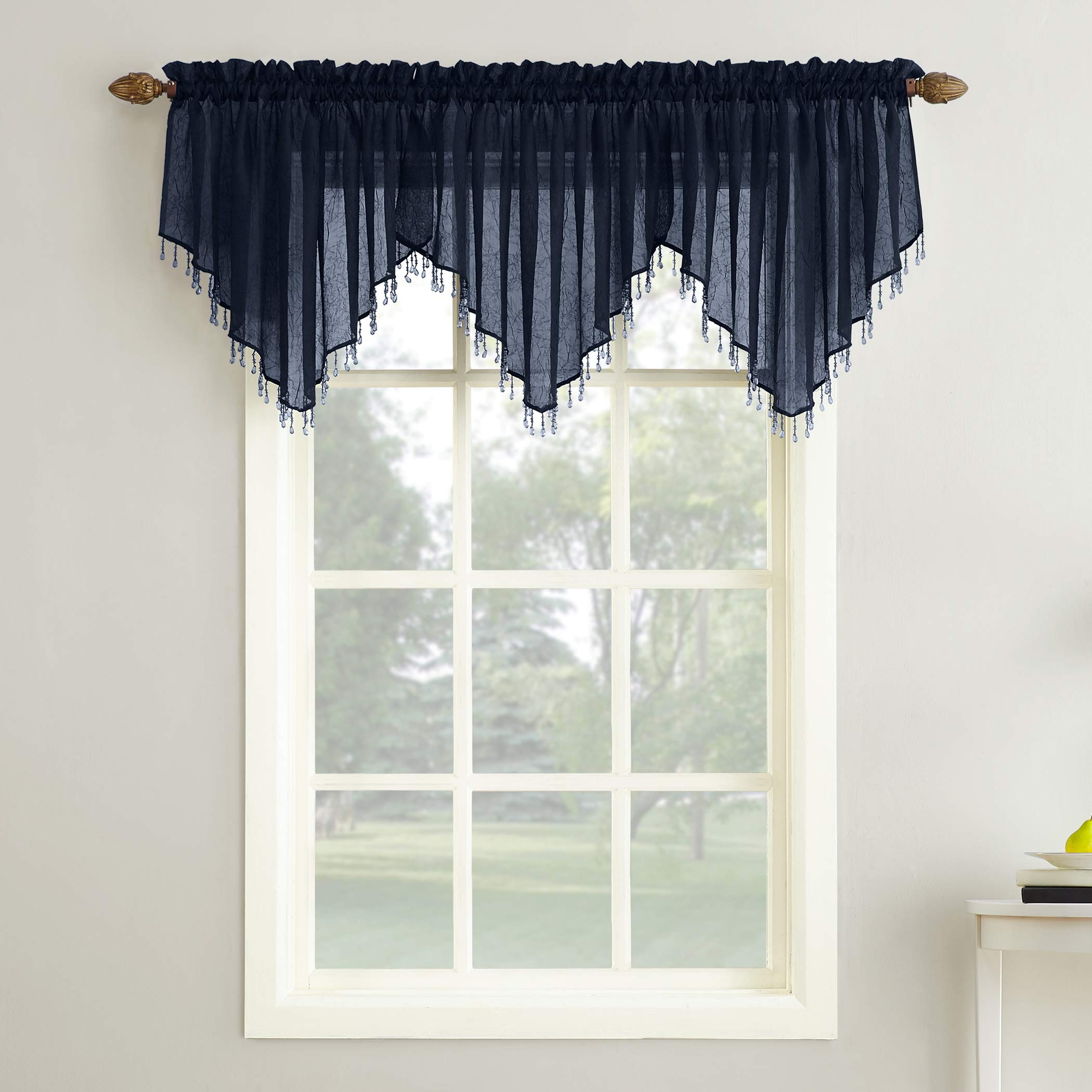 No. 918 Erica Crushed Voile Ascot Beaded Sheer Rod Pocket Curtain Valance 51" x 24" Navy Blue 1