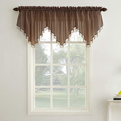 No. 918 Erica Crushed Sheer Voile Ascot Beaded Curtain Valance, 51" x 24", Chocolate Brown