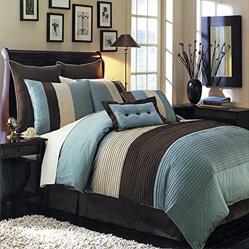Book Cover Royal Hotel Bedding Hudson Teal-Blue, Brown, and Cream Cal-King Size Luxury 8 Piece Comforter Set Includes Comforter, Bed Skirt, Pillow Shams, Decorative Pillows