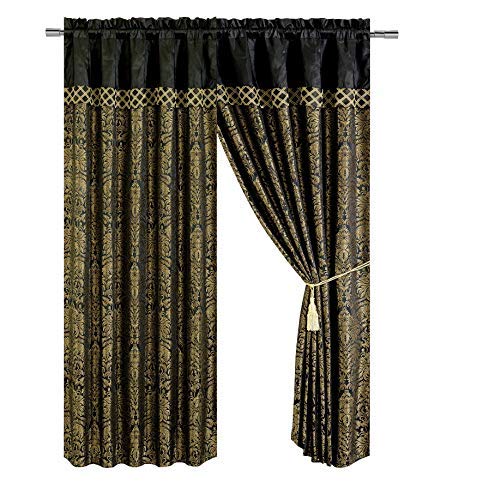 Book Cover Chezmoi Collection Lisbon 4-Piece Jacquard Floral Window Curtain Set, Sheer Backing, Tassels, Valance, Black/Gold
