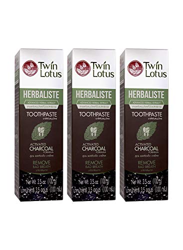 Book Cover TWIN LOTUS Active Charcoal Toothpaste Herbaliste-Activated Coconut Charcoal Powder - Triple Action Formula - Natural Teeth Whitener - Eliminates Bad Breath- Herbal Whitening - Black - 100g PACK OF 3