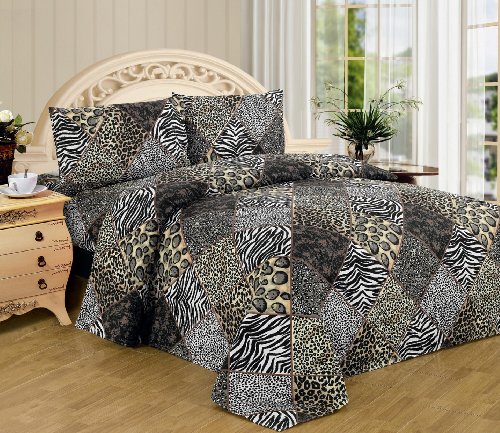 Book Cover WPM WORLD PRODUCTS MART Animal Zebra Leopard Print Sheet Set: 4 Piece Black White Jungle Safari Prints Flat Fitted Bed Sheets Pillow case sham Queen Size Bedding (2123, Queen)